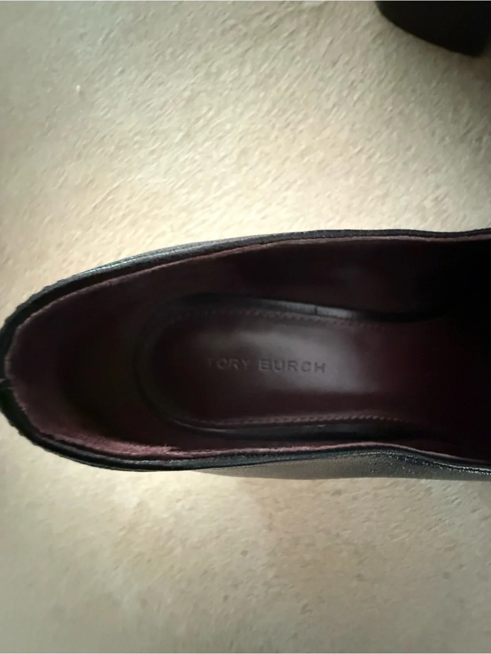 Tory Burch Black Leather Block Heel Loafers with Brown and Gold Trim